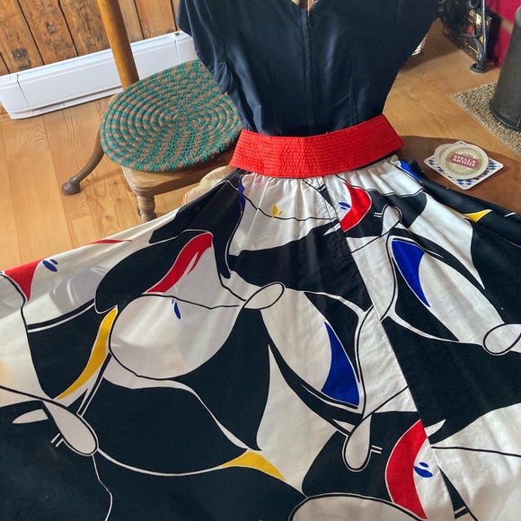 Act I Black Top Party Dress, Red Belt, Skirt Multicolour Bright Abstract Design - Picture 2 of 6